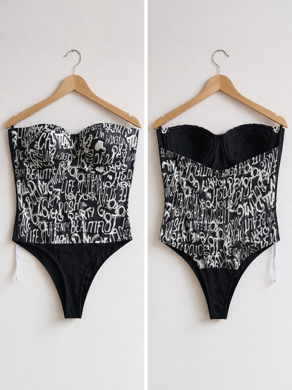 Black and White Graffiti Print Strapless Bodysuit
